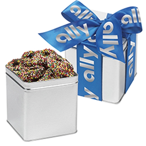 Classic Chocolate Covered Sprinkled Pretzels Present Tin
