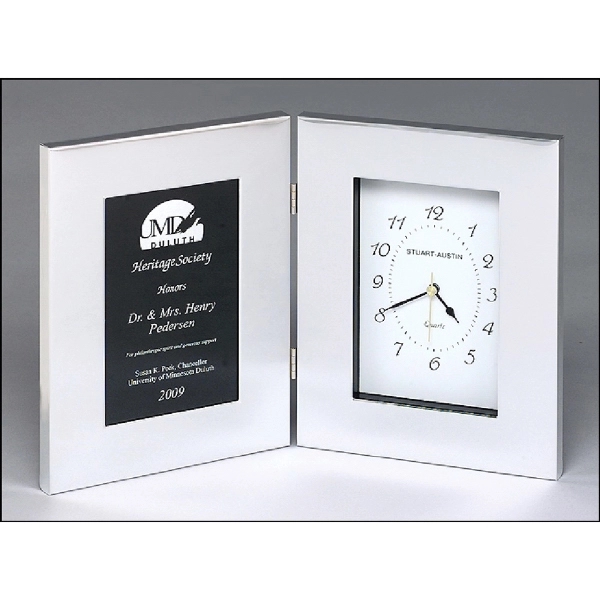 Polished Silver Aluminum Clock with Large Engraving Plate