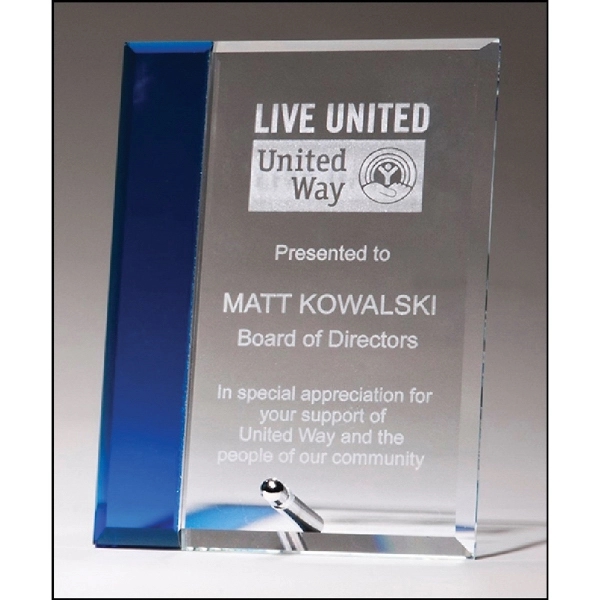 Clear Glass Award w/ Blue Highlight and Silver Plated Post
