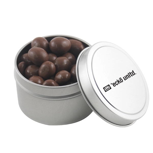 Round Metal Tin with Lid and Chocolate Covered Peanuts