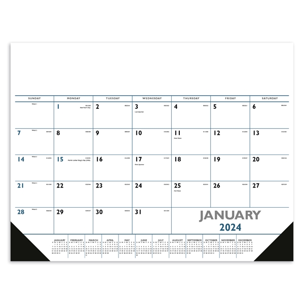 Blue & Black 2024 Desk Calendar  Pad with Vinyl Corners