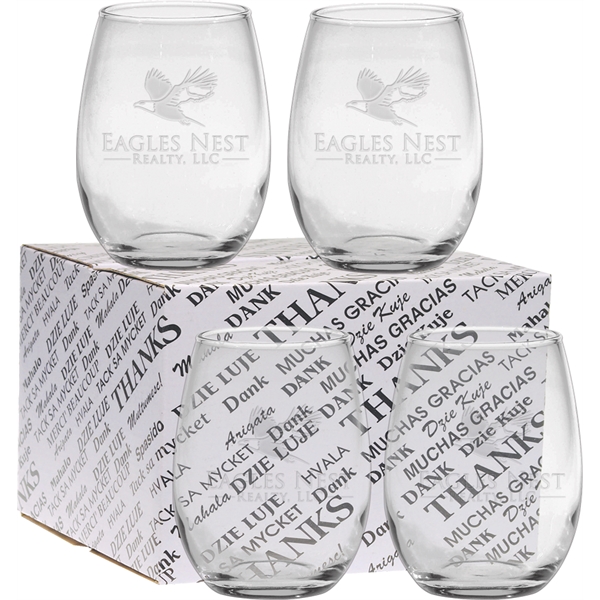 Stemless Wine Glass Thank You Set - Deep Etched