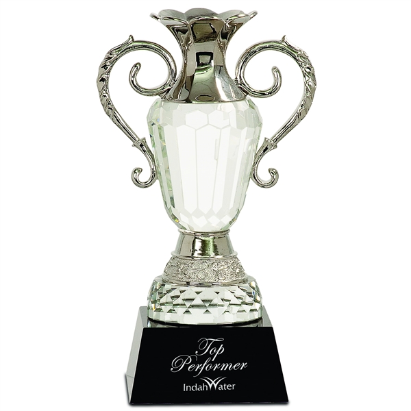 Crystal Cup with Silver Metal Handles on Black Pedestal