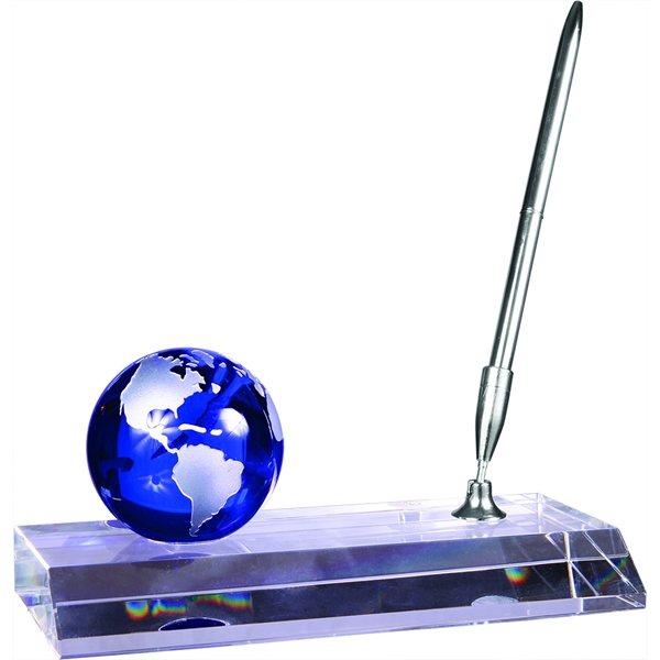 3" Blue Crystal Globe with Base and Pen