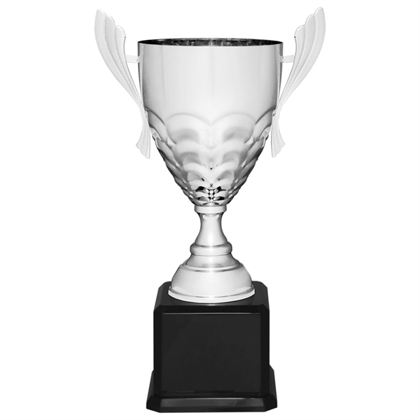 Flocked Silver Metal Trophy Cup on Black Piano Base