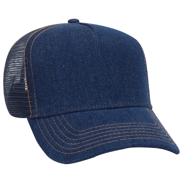Denim 5 Panel  Contrast Stitching Mesh Back Trucker Hat