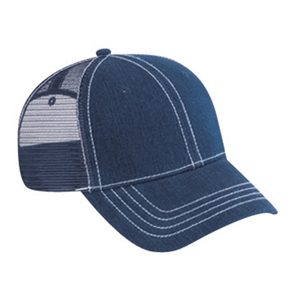 Denim 6 Panel Contrast Stitching Mesh Back Trucker Hat