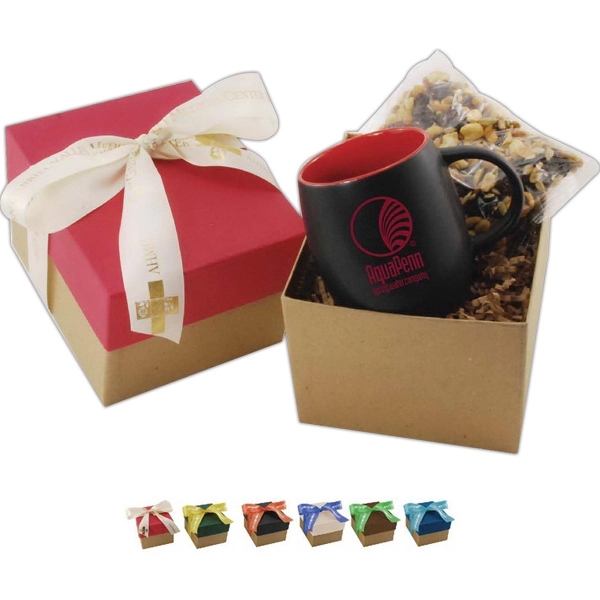 15 oz mug  with snacks in gift box with ribbon