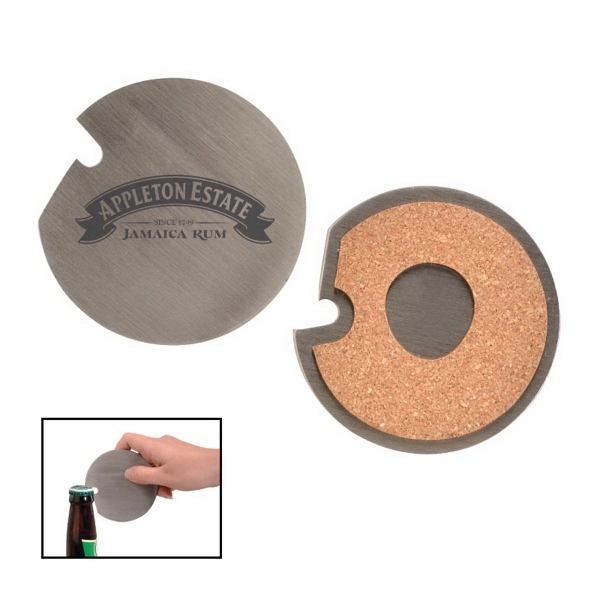 Stainless Steel Coaster with Cork Base and Bottle Opener - Image 1