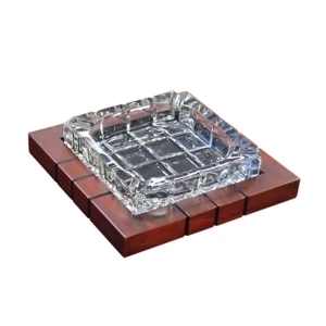 Wood & Crystal Cross-Hatched Ashtray