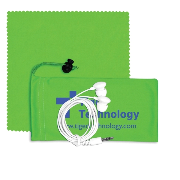 Mobile Tech Earbud Kit with Microfiber Cloth in Cinch Pouch - Image 2
