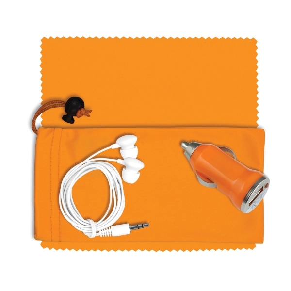 Mobile Tech Earbud Kit with Car Charger in Cinch Pouch - Image 3