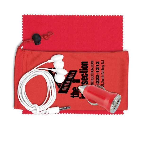 Mobile Tech Earbud Kit with Car Charger in Cinch Pouch - Image 4