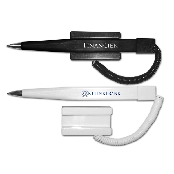 Financier Ball Point Pen with Coil Cord & Stick on Base - Image 1