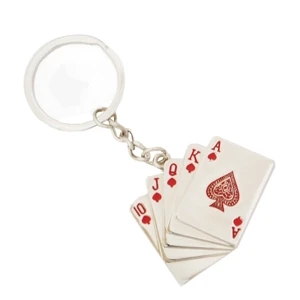 Metal Red Heart Royal Fush Casino Poker Cards Keychain