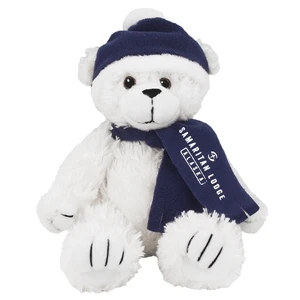 8" White Curly Bear w/ Navy Hat and Scarf and One Color Impr