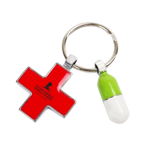 Metal Enamel Health Cross and Pill Keychain - Image 1