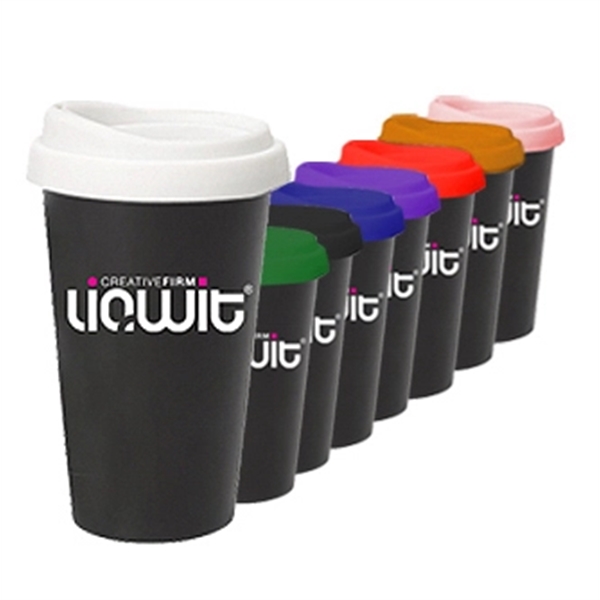 14 OZ DOUBLE WALL CERAMIC TUMBLER WITH SILICONE LID USA MADE - Image 1