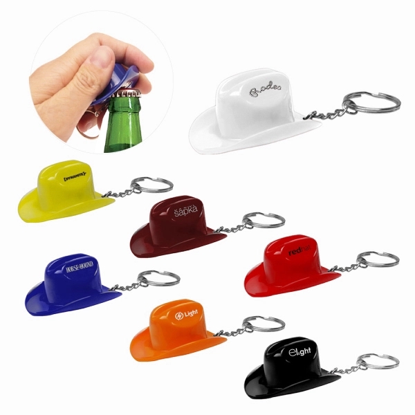 Plastic Cowboy Hat Bottle Opener Keychain - Image 1