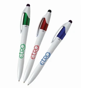 White Barrel European Ballpoint Pen w/ 3 Ink Colors & Stylus
