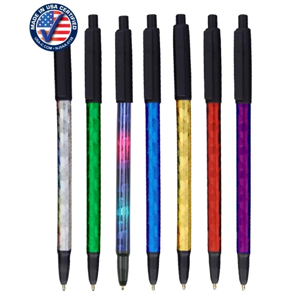 USA Made - Glitz Foiled Barrel Clicker Pen w/ Black Cap