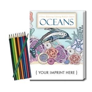 Oceans Coloring Book for Adults + Colored Pencils Relax Pack
