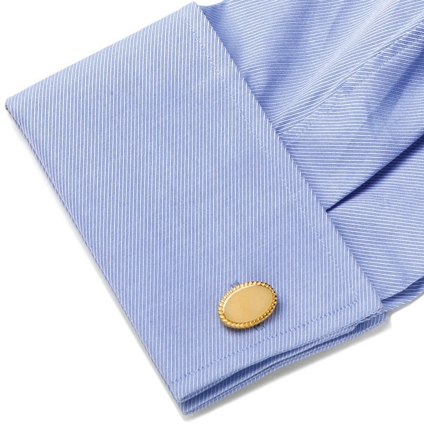 14K Gold Plated Rope Border Oval Engravable Cufflinks - Image 2