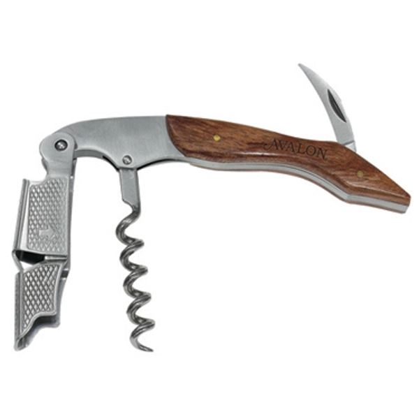 Professional wine opener corkscrew with wood-accented handle