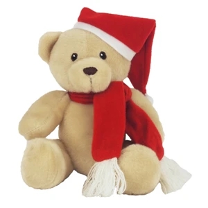 6" Tan Honey Bear with Santa Hat and Red Scarf