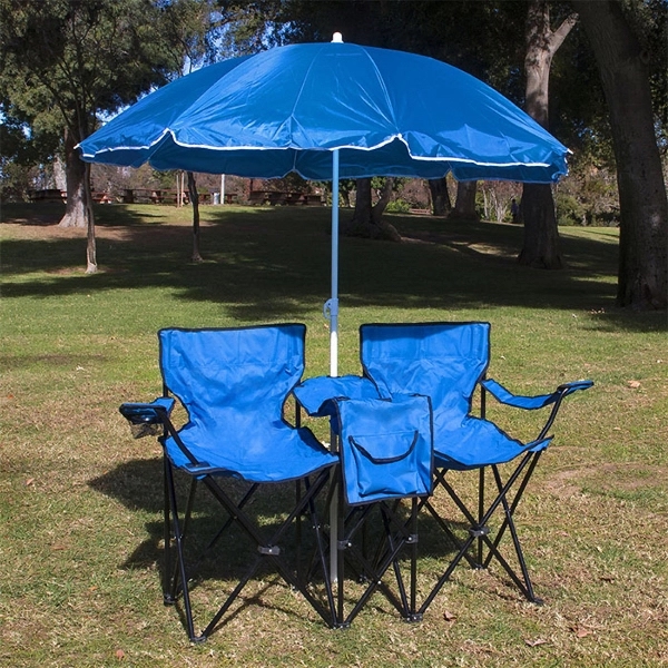 Two Folding Beach Chairs with Umbrella and Cooler Set - Image 2