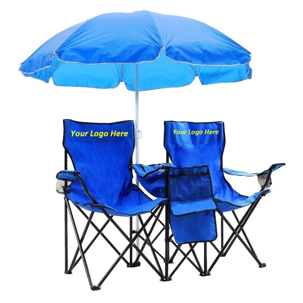 Two Folding Beach Chairs with Umbrella and Cooler Set - Image 5