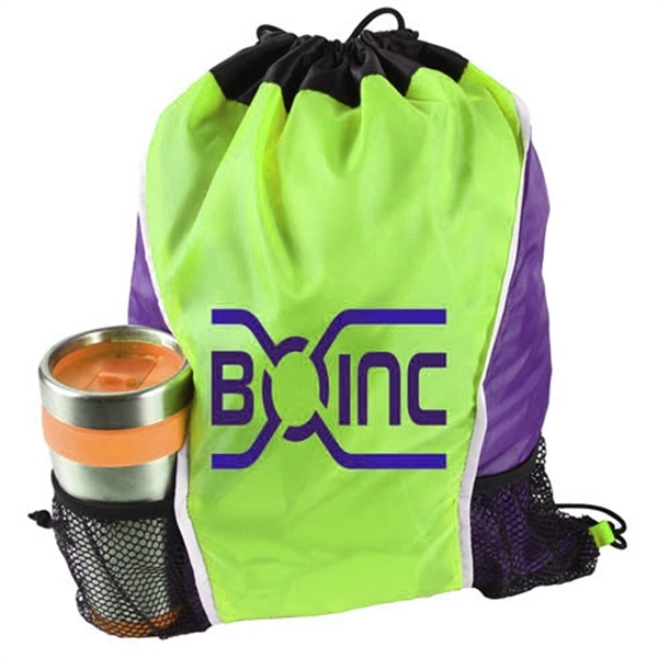 Dual Color Drawstring Bag w/ Two Water Bottle Holder - Image 1
