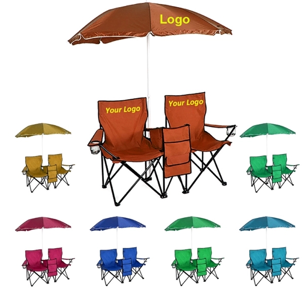 Two Folding Beach Chairs with Umbrella and Cooler Set - Image 1