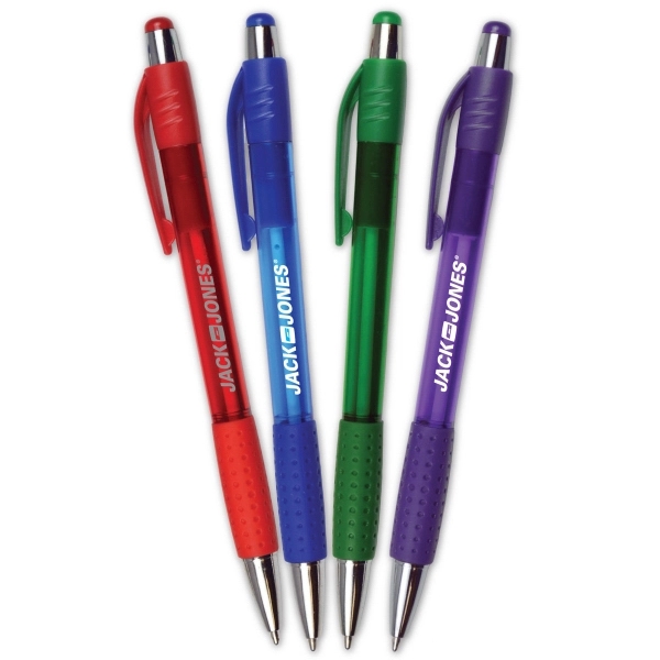 Translucent Barrel Pen w/ Rubber Grip & Silver Accents - Image 1