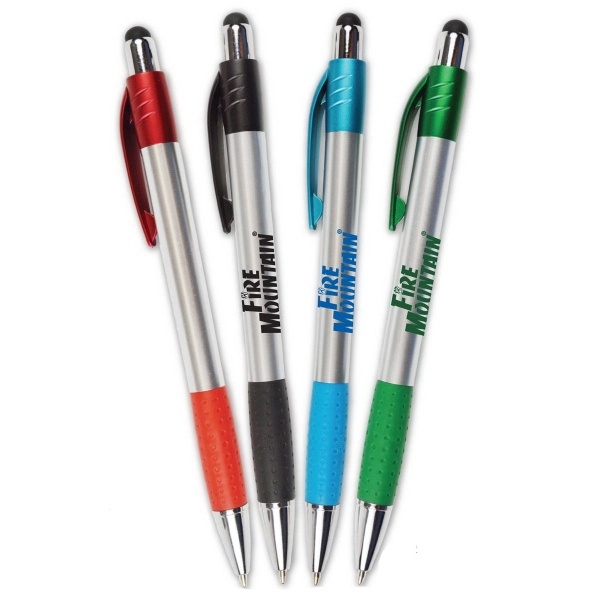 Silver Matte Pen w/Stylus, Colored Rubber Grips & Accents - Image 1