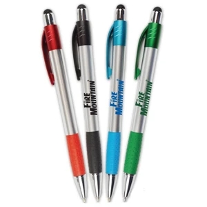 Silver Matte Pen w/Stylus, Colored Rubber Grips & Accents