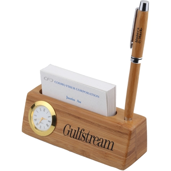 Bamboo Business Card and Pen Holder Clock - Image 2