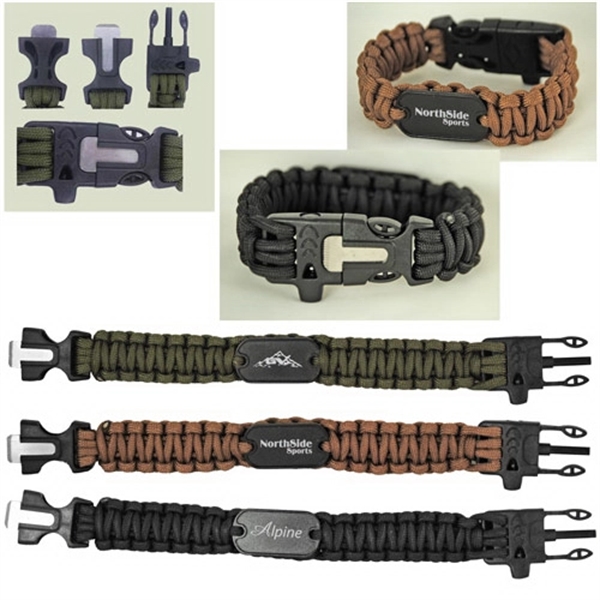 10" Paracord Bracelet w/ Whistle, Fire Starter & Tag