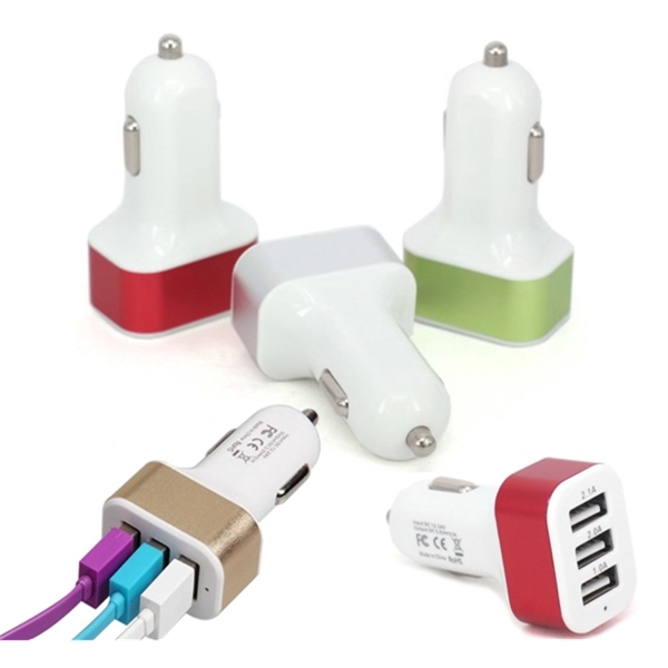 3-port USB car charger 2.1 Amp fast charging cable - Image 1