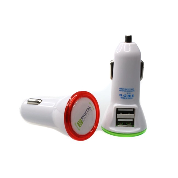 Dual port 2.1 Amp Car Charger with Custom Epoxy Logo. - Image 1
