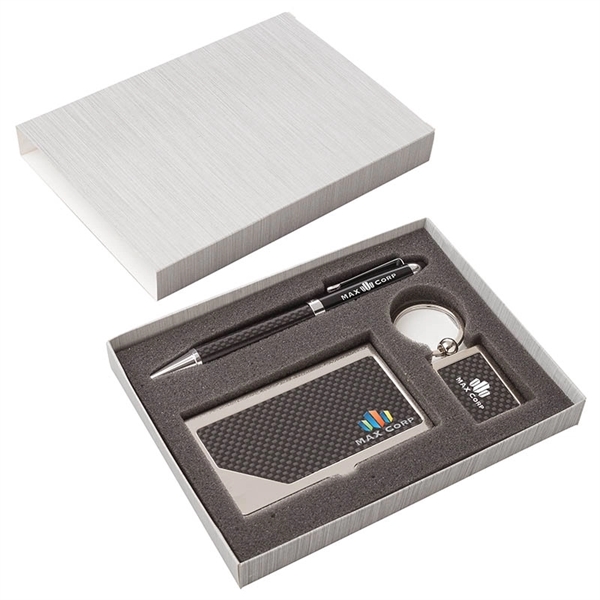 Carbon Fiber Pen, Business Card Case and Chrome Keyring Set - Image 1
