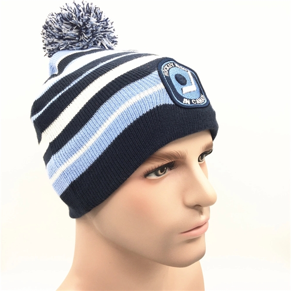 Acrylic knitted double layer Beanie hat with ball crown