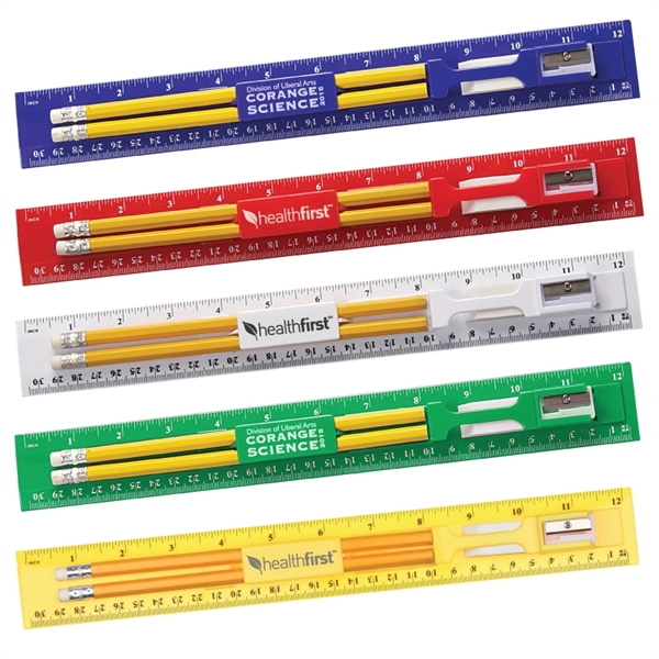 12 Inch Plastic Ruler Kit With Pencil, Eraser, Sharpener - Image 1