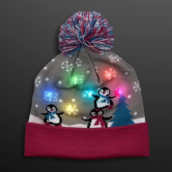 Cute Penguins LED Beanie Hat, Blinky Knit Cap - Image 1