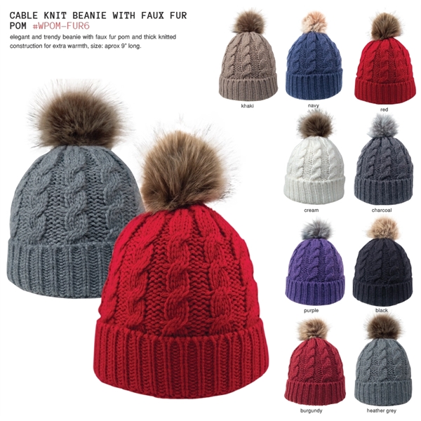 CABLE KNIT BEANIE WITH FAUX FUR POM - Image 1
