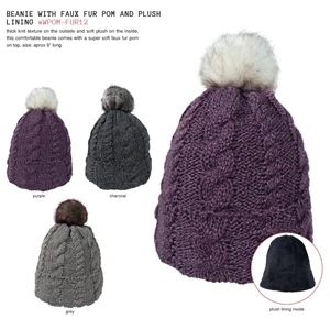 Beanie with Faux Fur Pom and Plush Lining