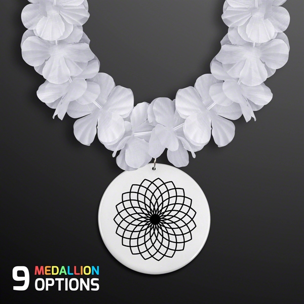 White Flower Lei Necklace with Medallion (Non-Light Up) - Image 1