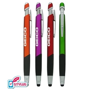 Colored Barrel "Tri-Top" Stylus Click Pen with Rubber Grip