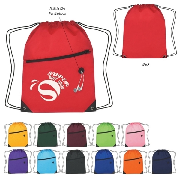210D Polyester Drawstring Sport Backpack - with Front Zipper - Image 1