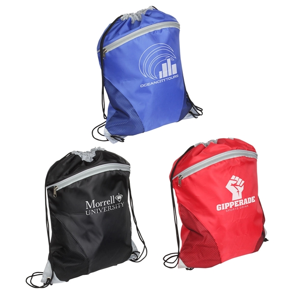 210D Polyester Drawstring Sports Bag with Front Zipper - Image 1